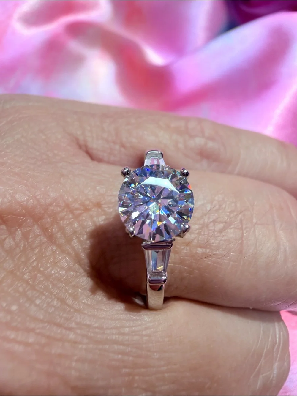 New 2 Carat Moissanite 18K Overlay Baguette and Round 3 Stone Engagement Ring